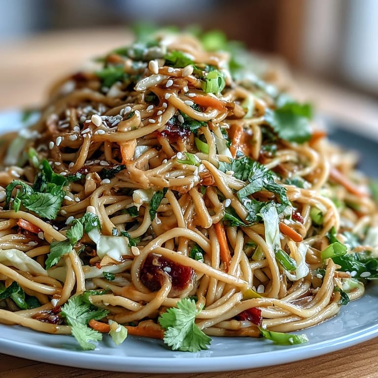 Asian Sesame Noodle Salad with Peanut Dressing topped with crunchy peanuts and fresh herbs, perfect for a light meal.