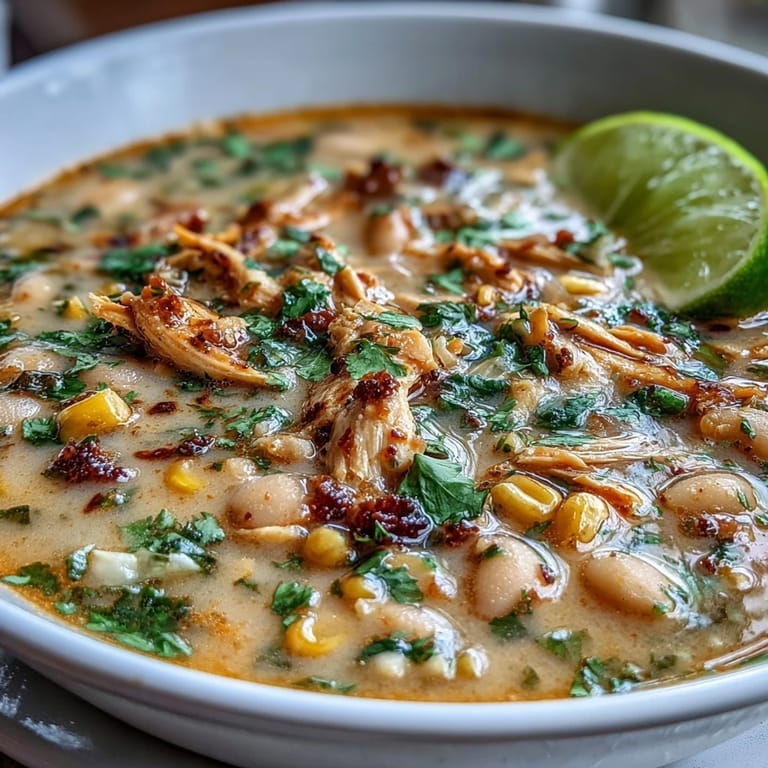 Creamy white bean chicken chili with shredded chicken, corn, and mild green chilies, served with a dollop of Greek yogurt.  