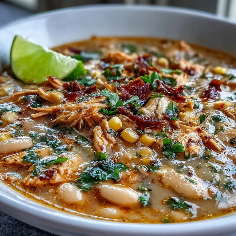 Flavorful white bean chicken chili simmered with poblano peppers and spices, topped with shredded cheese and sliced jalapeños.