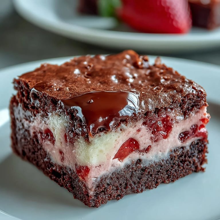 Decadent Valentine brownies with fudgy chocolate base and vibrant strawberry cheesecake marbled topping for a sweet celebration.