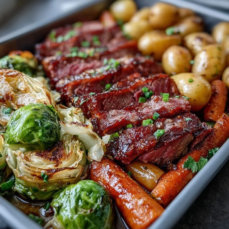 Vibrant roasted vegetables and savory corned beef slices arranged on a sheet pan, perfect for an easy Irish-American meal.  