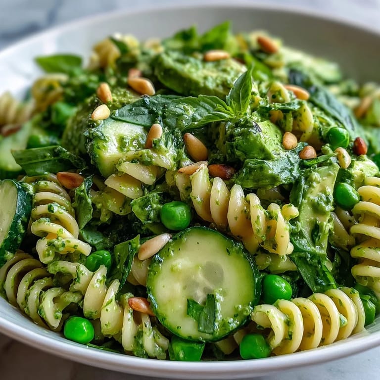 Creamy green goddess dressing coats al dente pasta, crunchy sugar snap peas, and tender spinach in this refreshing Spring Green Goddess Pasta Salad with Peas and Herbs, perfect for a light lunch.  