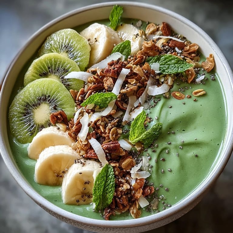 Creamy green smoothie bowl made with spinach, kiwi, and banana, garnished with crunchy granola, pumpkin seeds, and mint leaves for a nourishing start.
