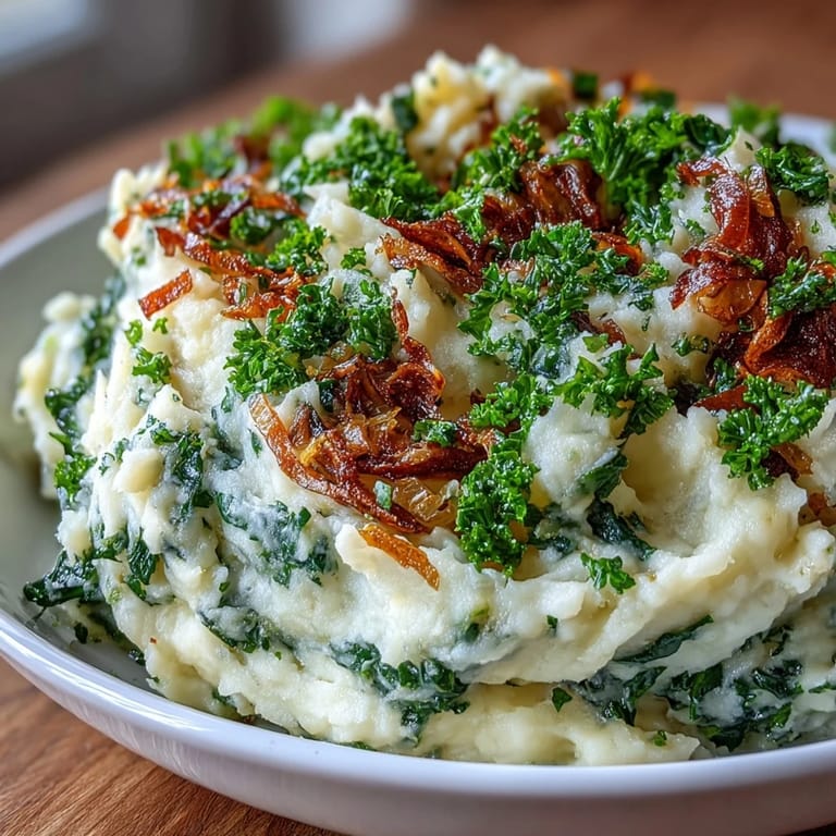 Rich and fluffy mashed potatoes blended with spring onions and topped with golden-brown crispy kale for extra texture.