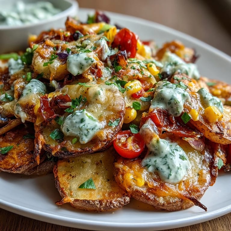 Golden potato slices piled high with rainbow vegetables, melted cheese, and creamy Greek yogurt ranch drizzle, perfect for sharing.