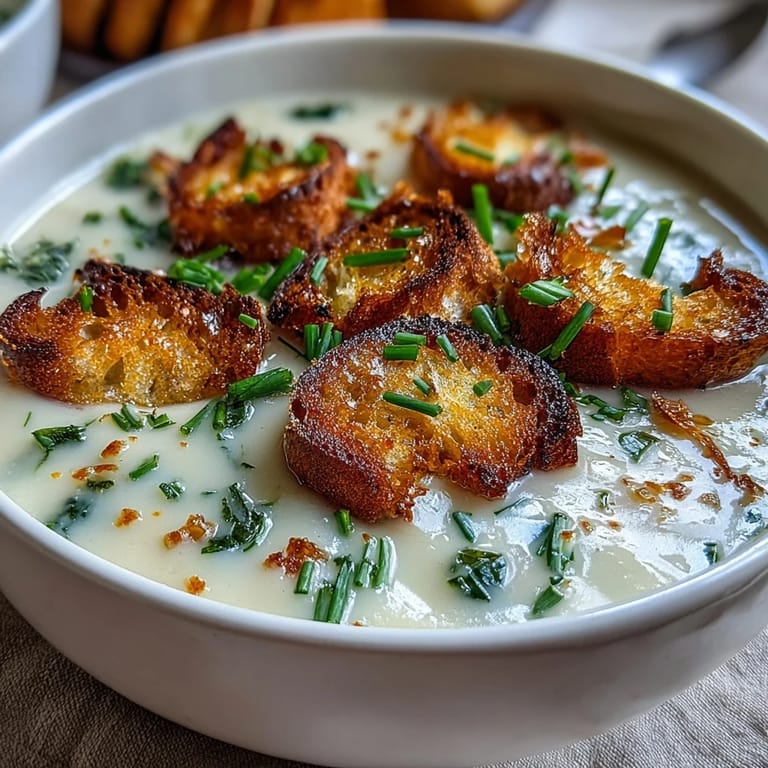 Rich and comforting leek and potato soup, finished with crispy sourdough croutons and a sprinkle of fresh chives.