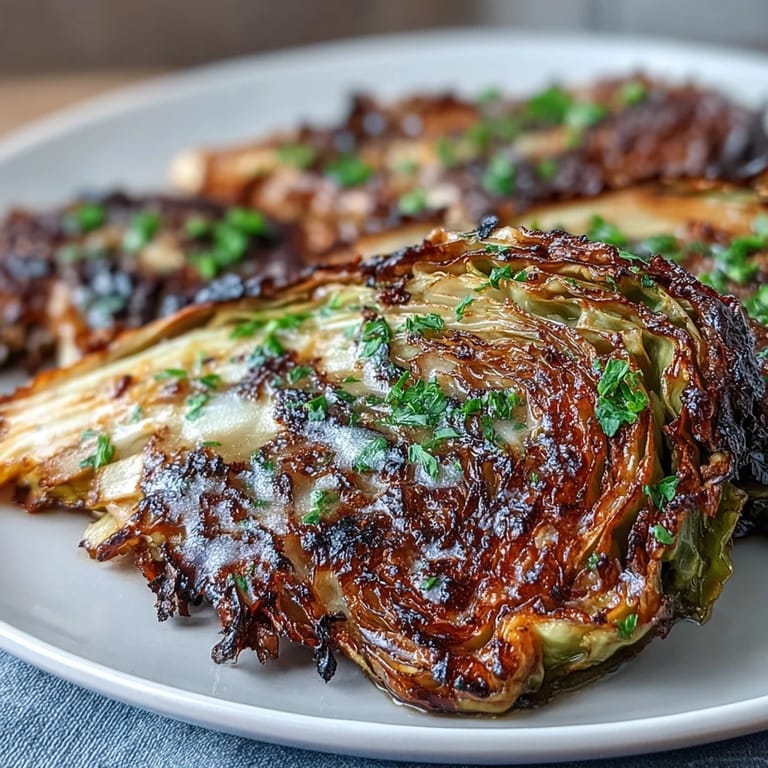 Air-fried cabbage steaks brushed with garlic butter, offering smoky, savory flavor and irresistible crunch.  