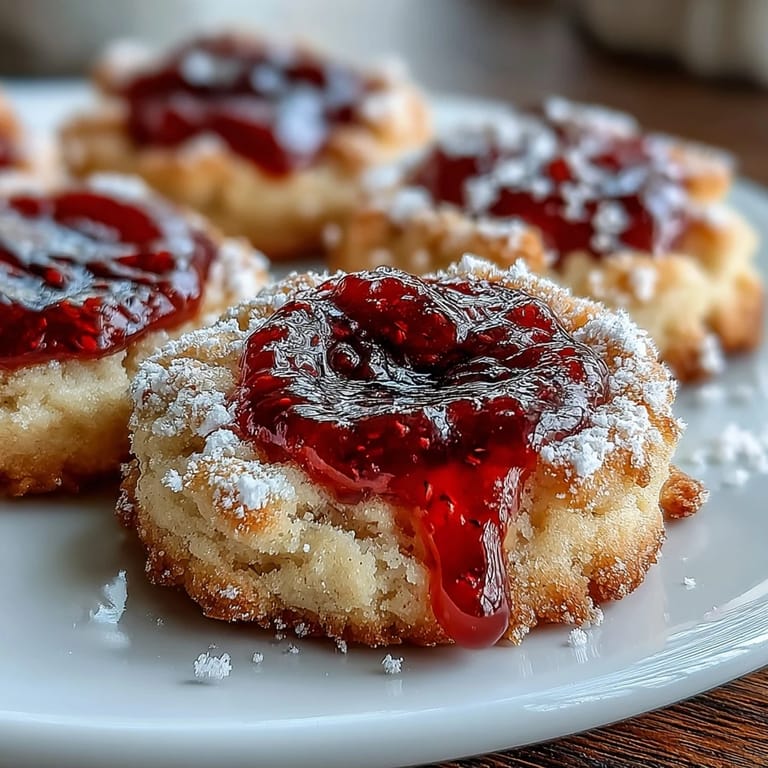 Buttery shortbread cookies with vibrant strawberry jam centers, dusted with powdered sugar for an elegant picnic dessert.