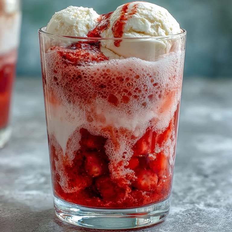 Creamy vanilla ice cream topped with a strawberry-lime daiquiri mix and fizzy sparkling water for a refreshing summer treat.