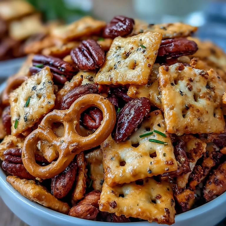 Tangy sourdough cheese crackers blended with crunchy pretzels and roasted nuts, baked with savory seasonings for the ultimate munchable mix.