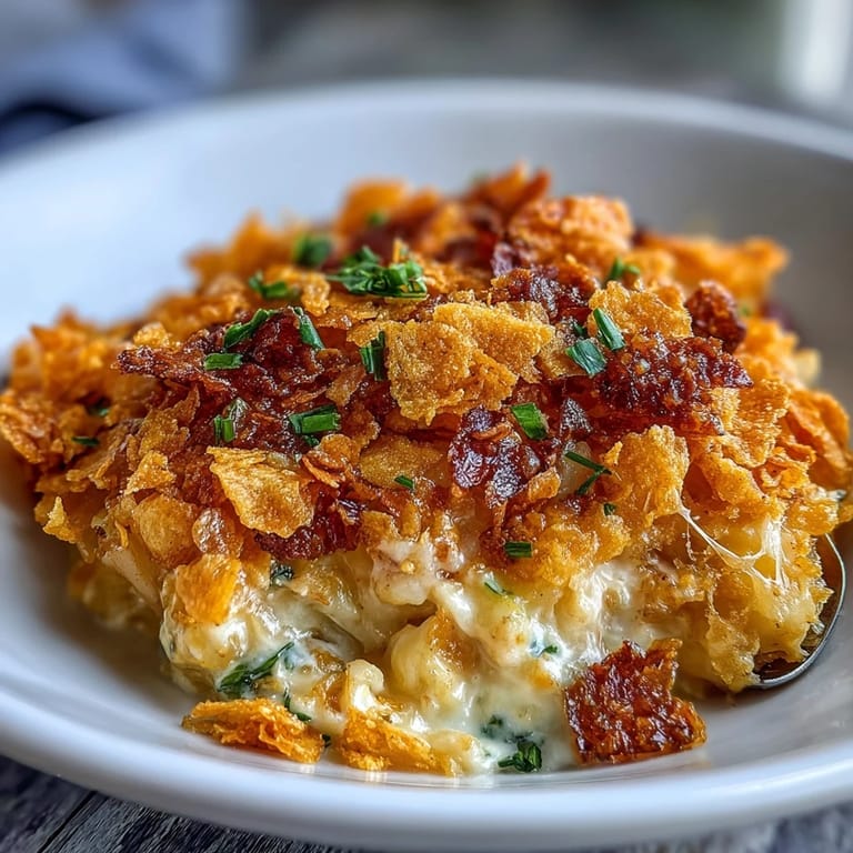 Cheesy funeral potatoes topped with a crunchy cornflake and cheddar crust, baked to golden perfection for potlucks or holiday meals.