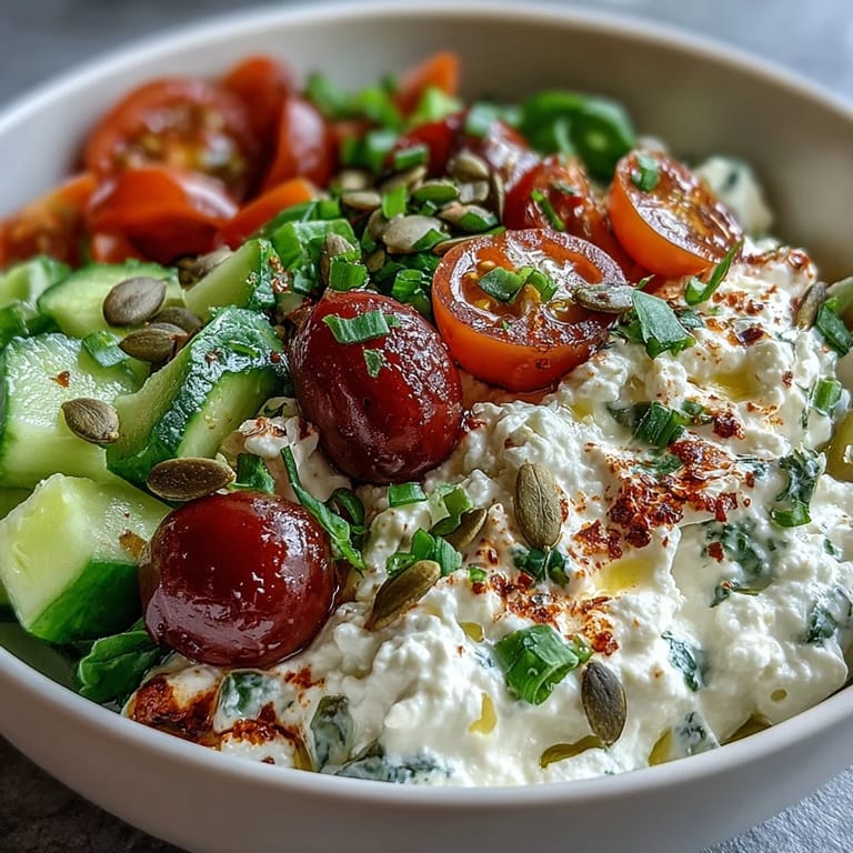 Protein-packed Savory Cottage Cheese Breakfast Bowl with crunchy seeds, bell peppers, and a drizzle of olive oil.