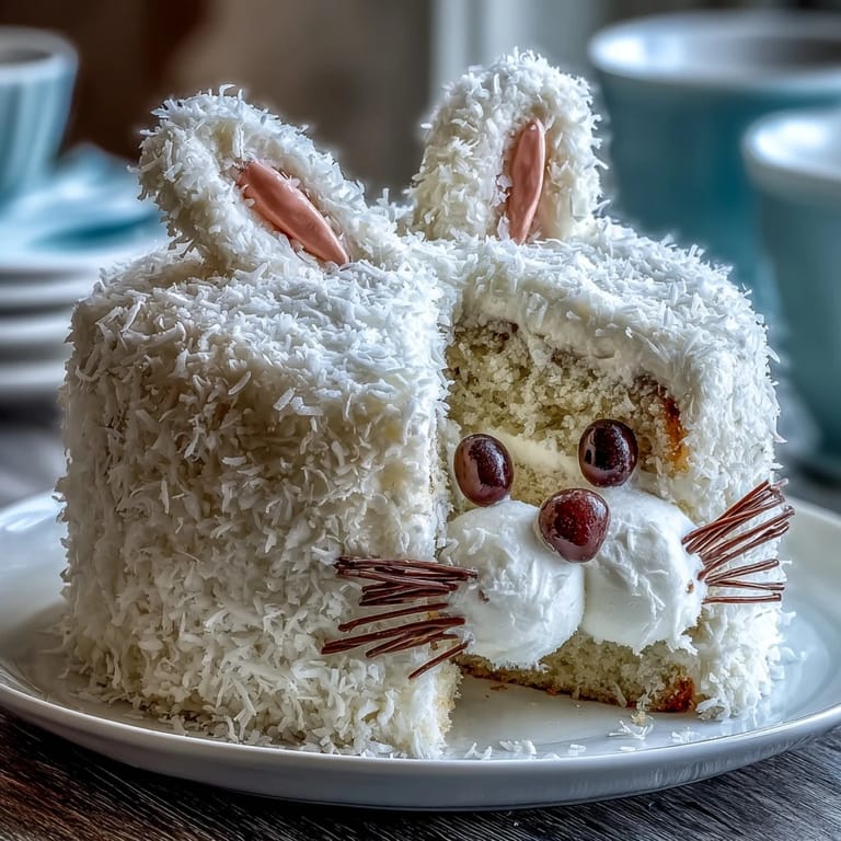 Festive Easter Bunny Cake with pink coconut frosting ears, marshmallow cheeks, and a sprinkle of shredded coconut for texture.