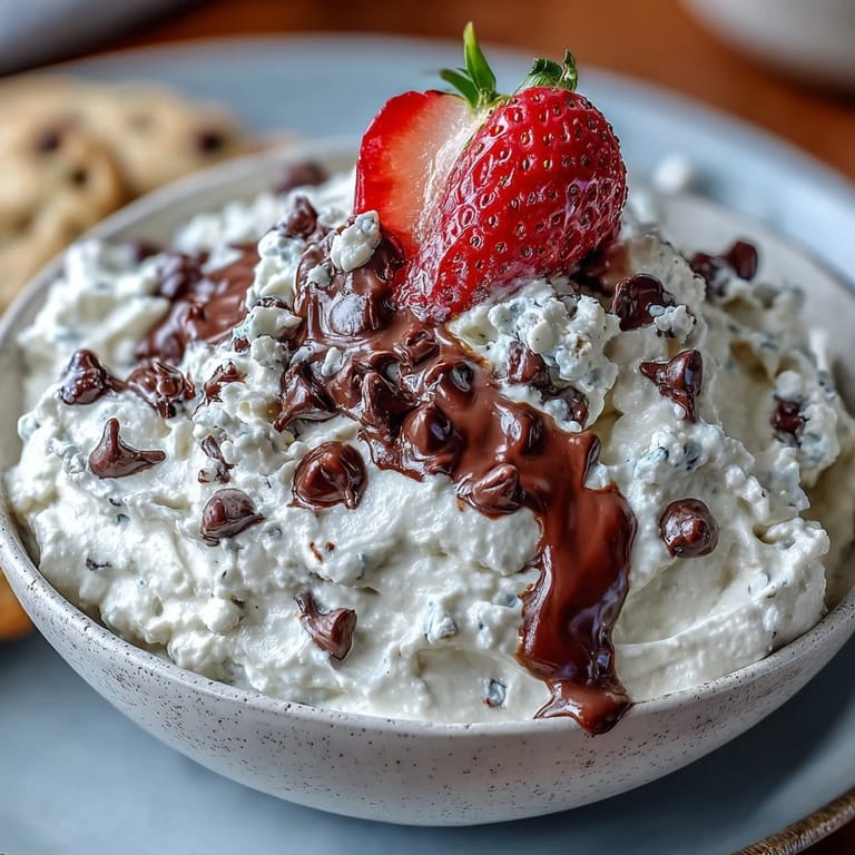 Velvety cottage cheese cookie dough dip swirled with chocolate chips, served with colorful fresh fruit for a nutritious snack.