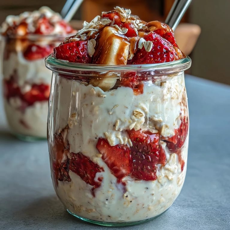 Creamy overnight oats layered with strawberries, banana, and chia seeds in a glass jar, perfect for a quick, healthy morning.