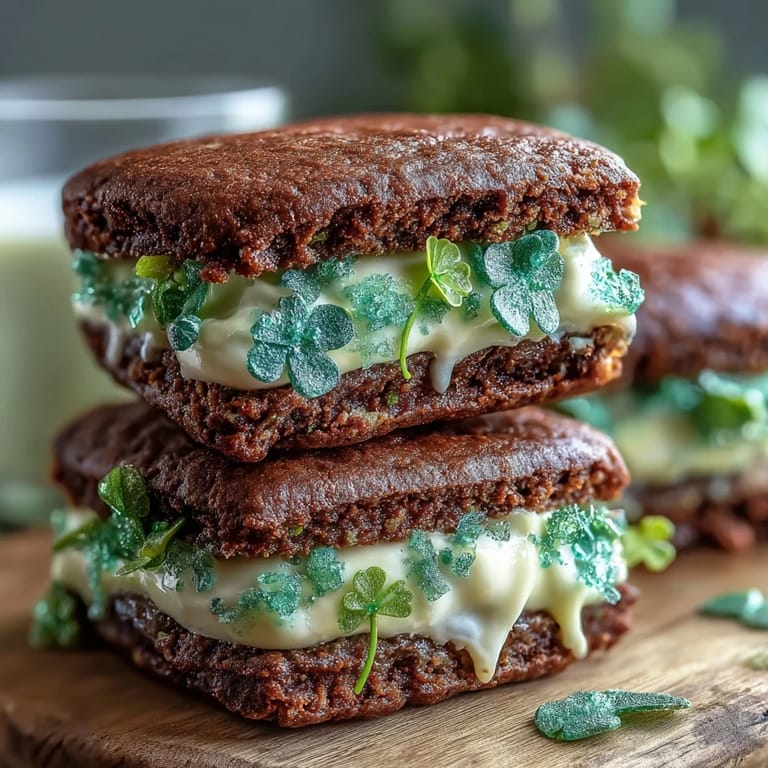 Sparkly St. Patrick's Day green sugar cookies filled with vanilla frosting, perfect for festive dessert celebrations.