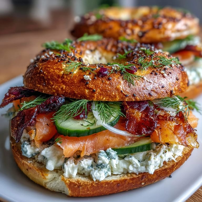 Soft cottage cheese bagels spread with cream cheese and garnished with smoked salmon, capers, and fresh dill.