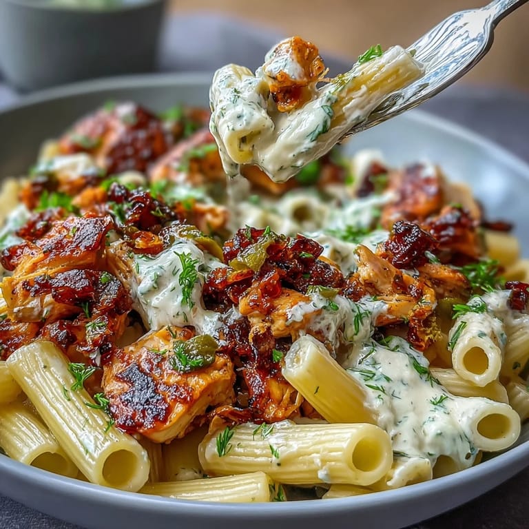 A bowl of creamy Mississippi Chicken Pasta topped with Parmesan and fresh parsley, served hot and ready.