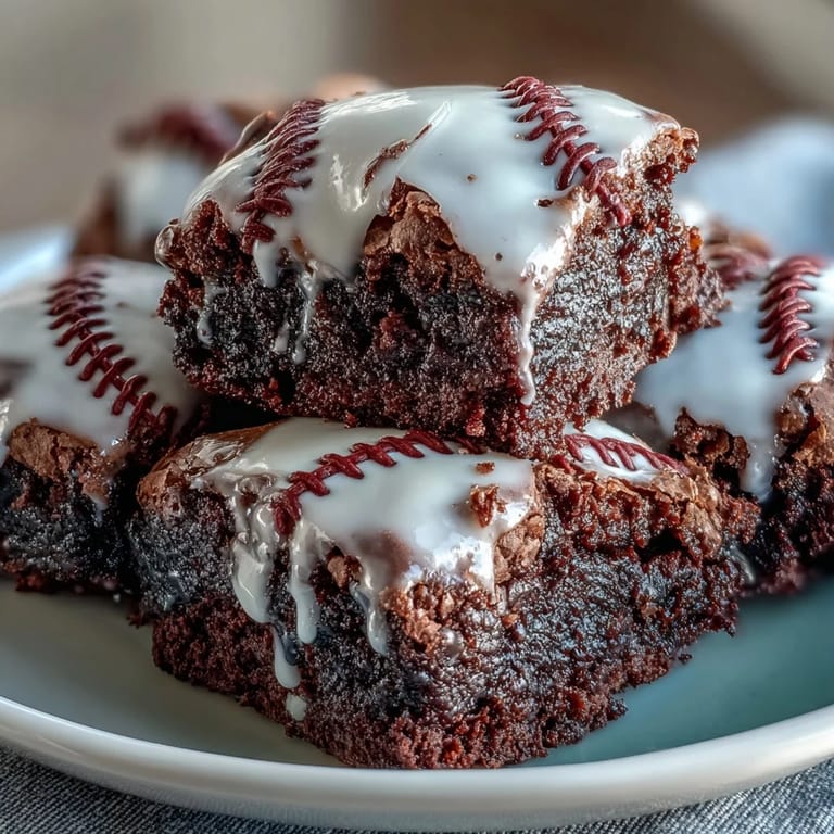 Delicious chocolate brownie bites decorated with white icing laces, perfect for baseball-themed parties and game day.  