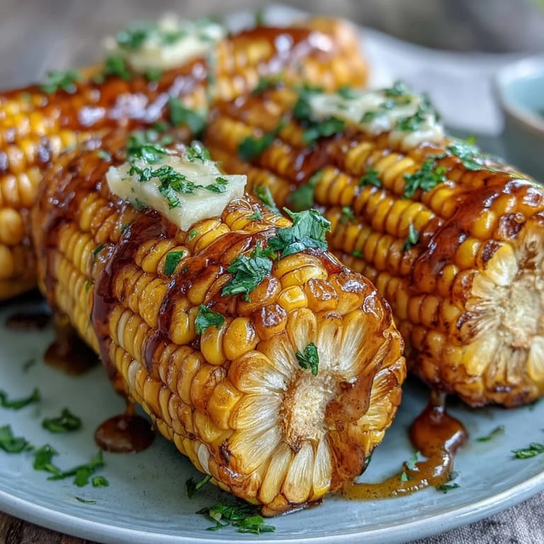 Golden corn on the cob, cooked in the microwave and coated with creamy garlic butter, ready to serve with lemon wedges.