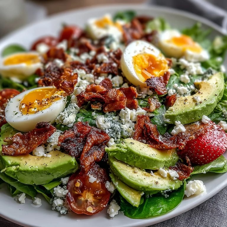 This Spring Cobb Salad features juicy strawberries, creamy avocado, and crisp vegetables, topped with tangy feta and drizzled with balsamic vinaigrette for a fresh, balanced dish.