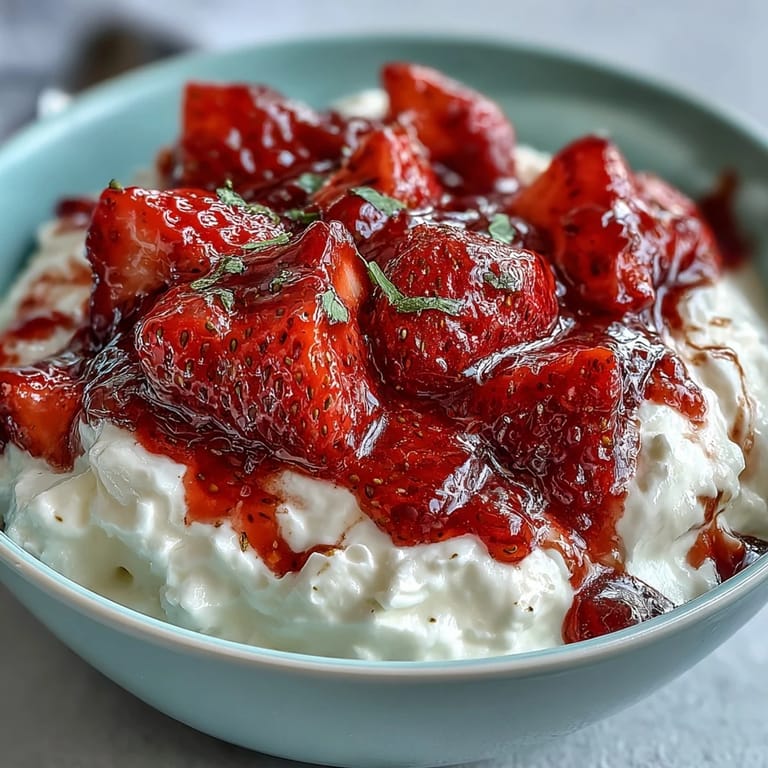 Strawberry compote spooned over thick Greek yogurt, garnished with mint for a refreshing treat.