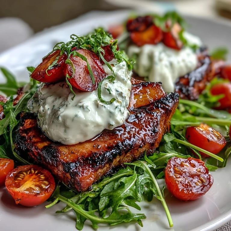 Sweet grilled peaches, burrata, arugula, and balsamic drizzle combine in this colorful, easy summer salad.