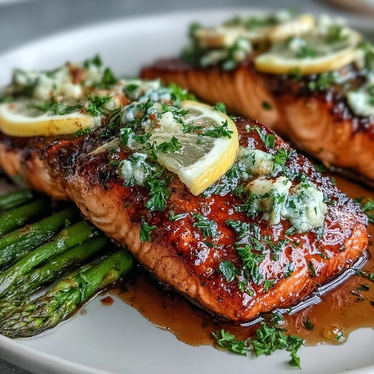 Golden salmon fillets sizzling in garlic butter, paired with crisp-tender asparagus for an easy, gluten-free main dish perfect for spring.