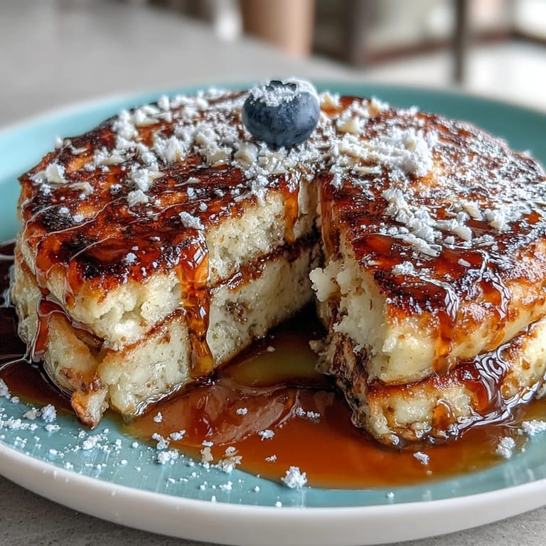 Golden, extra-fluffy pancakes with creamy ricotta and zesty lemon, served warm with a drizzle of maple syrup.