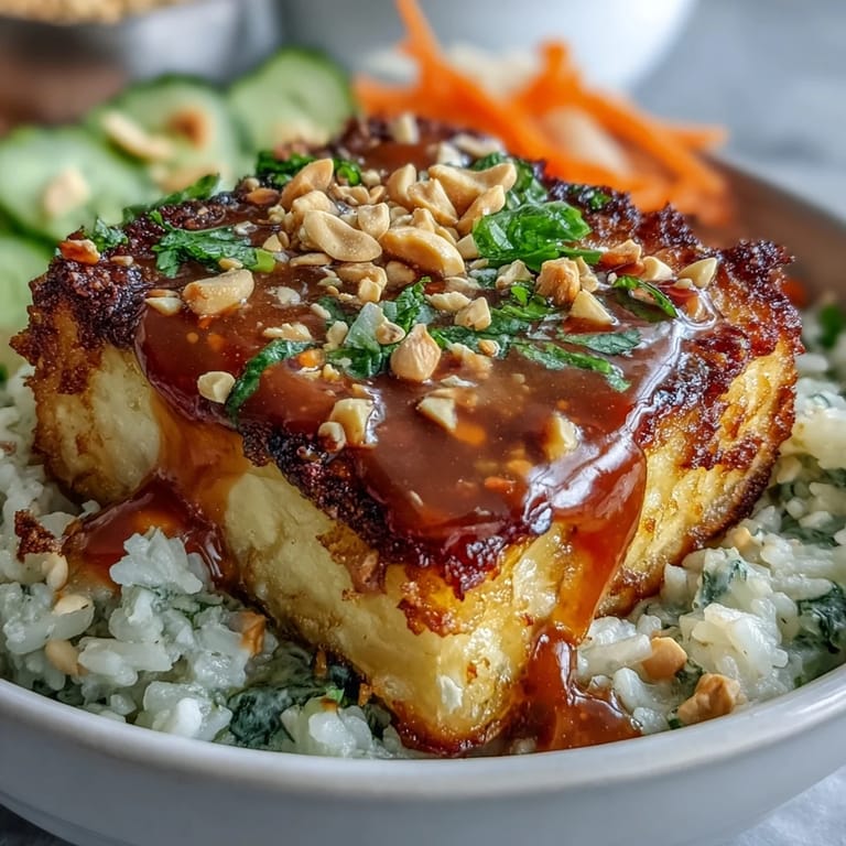 A vibrant vegan bowl featuring golden tofu, crunchy veggies, and creamy peanut sauce.  