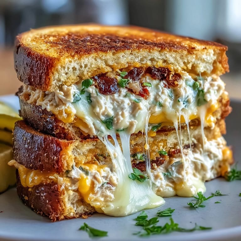 A hot, crispy tuna melt sandwich oozing with melted cheese, fresh tuna salad, and tangy pickles, served golden and warm.