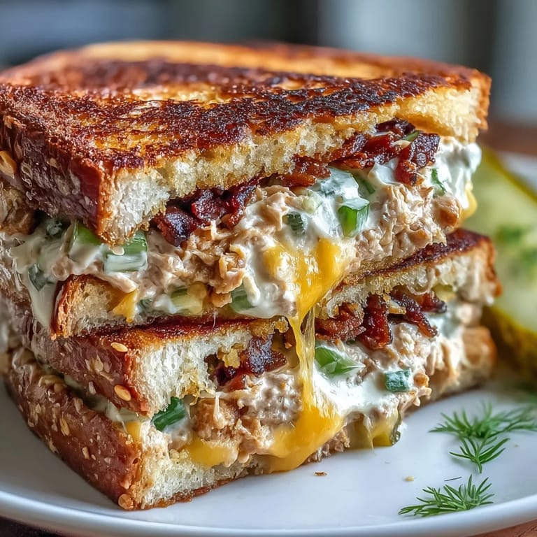 Delicious tuna melt with crunchy bread, rich tuna filling, melted cheddar, and crisp pickles—classic American comfort food at its best.