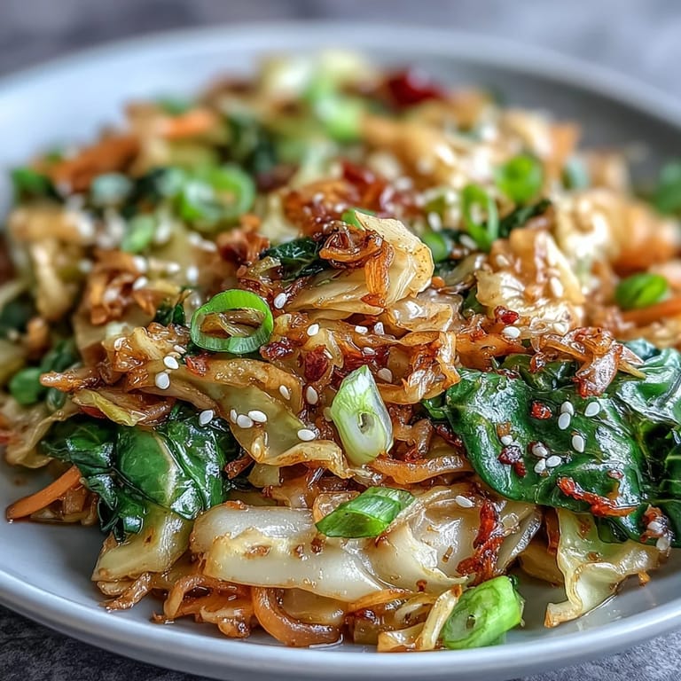Crispy, tender cabbage stir fry bursting with soy sauce, ginger, and chili heat, served hot as a satisfying vegan side dish.