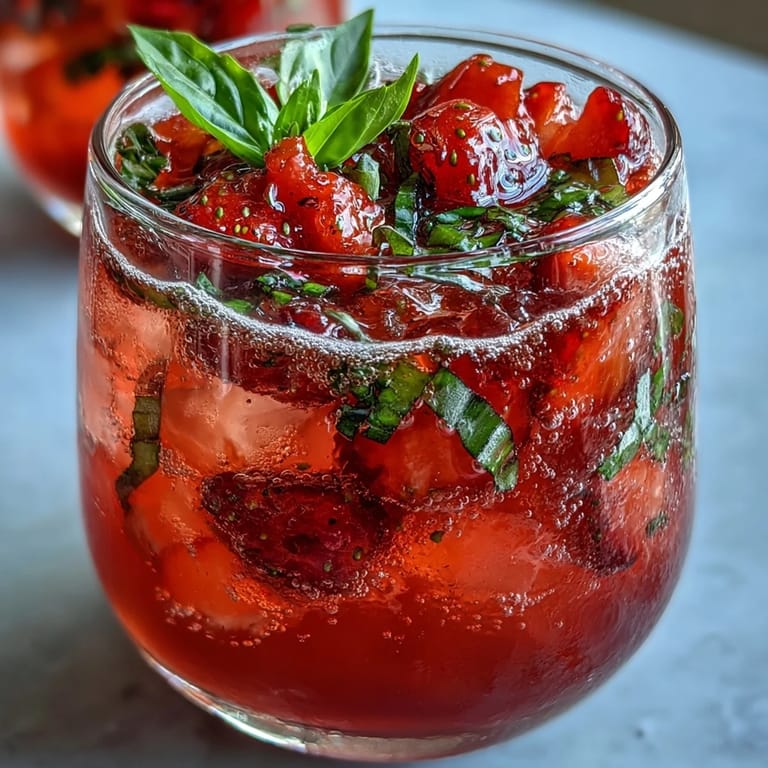 Refreshing summer mocktail featuring juicy strawberries, aromatic basil, and effervescent bubbles served over ice.