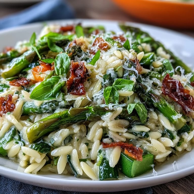 A plate of healthy Spring Orzo Primavera showcasing tender pasta and bright green vegetables.