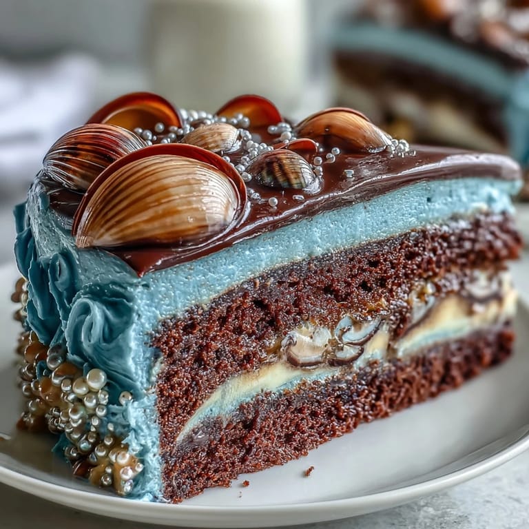 Decorated Cancer Zodiac Cake with glistening blue buttercream and delicate, edible seashell accents.