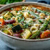 A steaming bowl of Minestrone Soup with visible chunks of carrots, zucchini, and creamy cannellini beans.