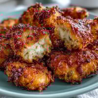 Golden-baked Asiago Panko Chicken Bites arranged on a rustic platter with a side of creamy marinara dipping sauce.