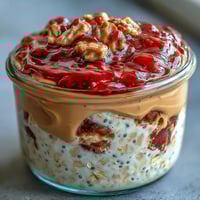 Layered High-Protein Peanut Butter & Jelly Overnight Oats in a glass jar with a vibrant strawberry jam swirl.