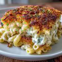 Baked Four-Cheese Mac & Cheese with golden panko crust and bubbling cheese sauce.  