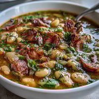 A steaming bowl of ham and lima bean soup, filled with tender beans, diced ham, and colorful vegetables in a savory broth.