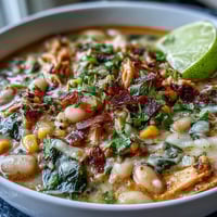 Hearty white bean chicken chili in a bowl, garnished with avocado and cilantro, perfect for a cozy dinner.  