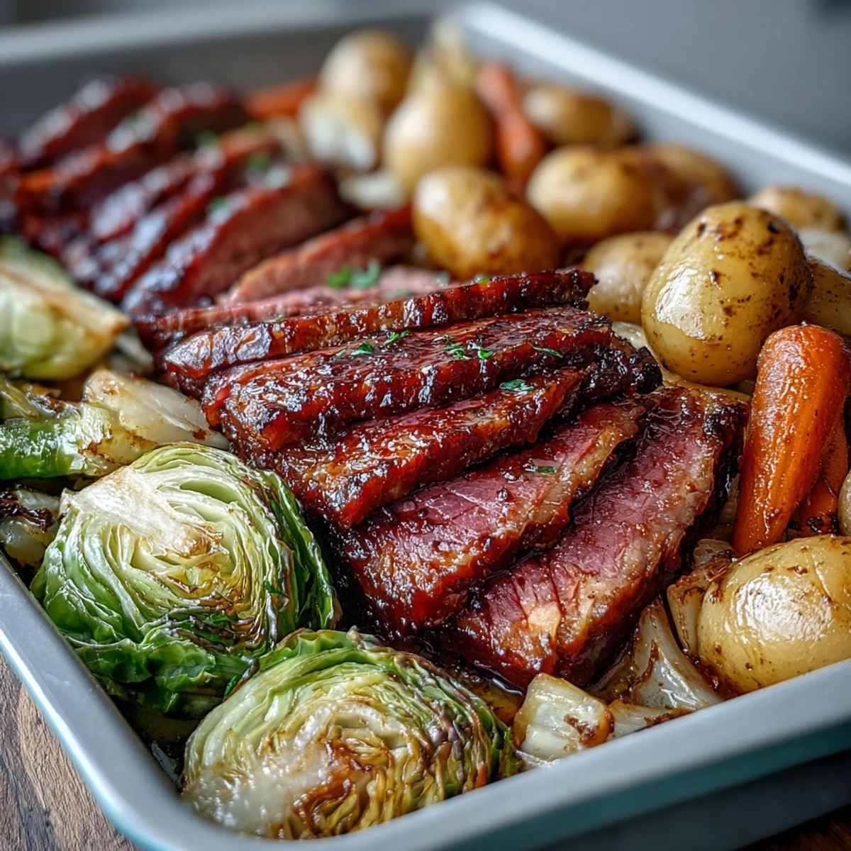 A hearty sheet pan dinner featuring tender corned beef, roasted cabbage, potatoes, and carrots with golden caramelized edges.  