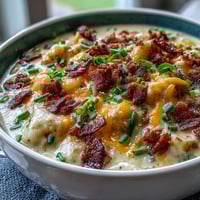 Creamy St. Patricks Day Loaded Baked Potato Soup in a bowl, topped with crispy turkey bacon and green onions.