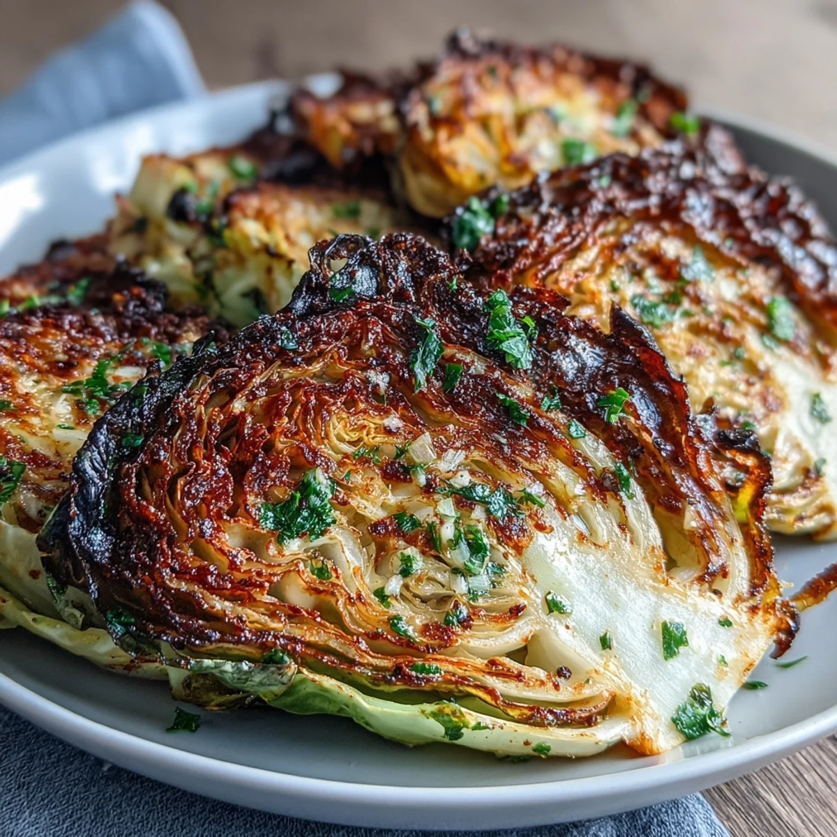 Crispy air fryer cabbage steaks seasoned with garlic butter and paprika, golden edges with tender centers.  