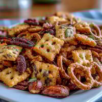 Crunchy sourdough Cheez-Its snack mix with roasted nuts and pretzels, seasoned with garlic, onion, and smoked paprika for a savory party treat.  