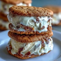 Creamy vanilla bean ice cream sandwiched between soft, coffee-infused cookies in a summery treat.  