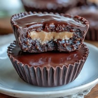 Homemade Reeses Peanut Butter Cups with Dark Chocolate - glossy dark chocolate shell encases creamy peanut butter filling, garnished with a sprinkle of flaky sea salt for a gourmet twist.