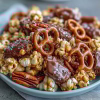 1. Caramel Candy Apple Popcorn Mix features crunchy popcorn coated in rich caramel, mixed with dried apples and colorful candy pieces for a festive snack.