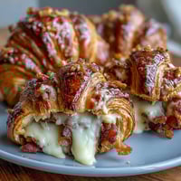 Ham & Swiss Croissant Bake with golden layers of buttery croissants, smoky ham, and melty Swiss cheese baked in a creamy egg custard.